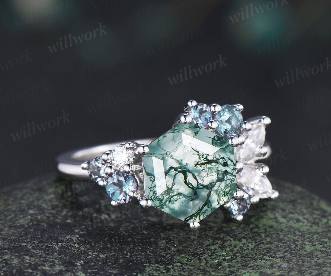 Hexagon cut natural moss agate engagement ring cluster alexandrite marquise moissanite promise wedding ring
