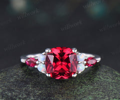 Cushion cut red ruby engagement ring 14k white gold 4 prongs seven stone ring opal marquise ruby bridal ring July birthstone jewelry gifts