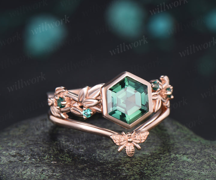 Hexagon cut green sapphire ring set leaf twig emerald promise ring tiny bee curved band unique bridal set