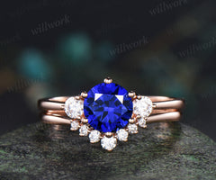 Round cut blue sapphire engagement ring set three stone sapphire moissanite promise ring curved wedding band minimalist bridal set