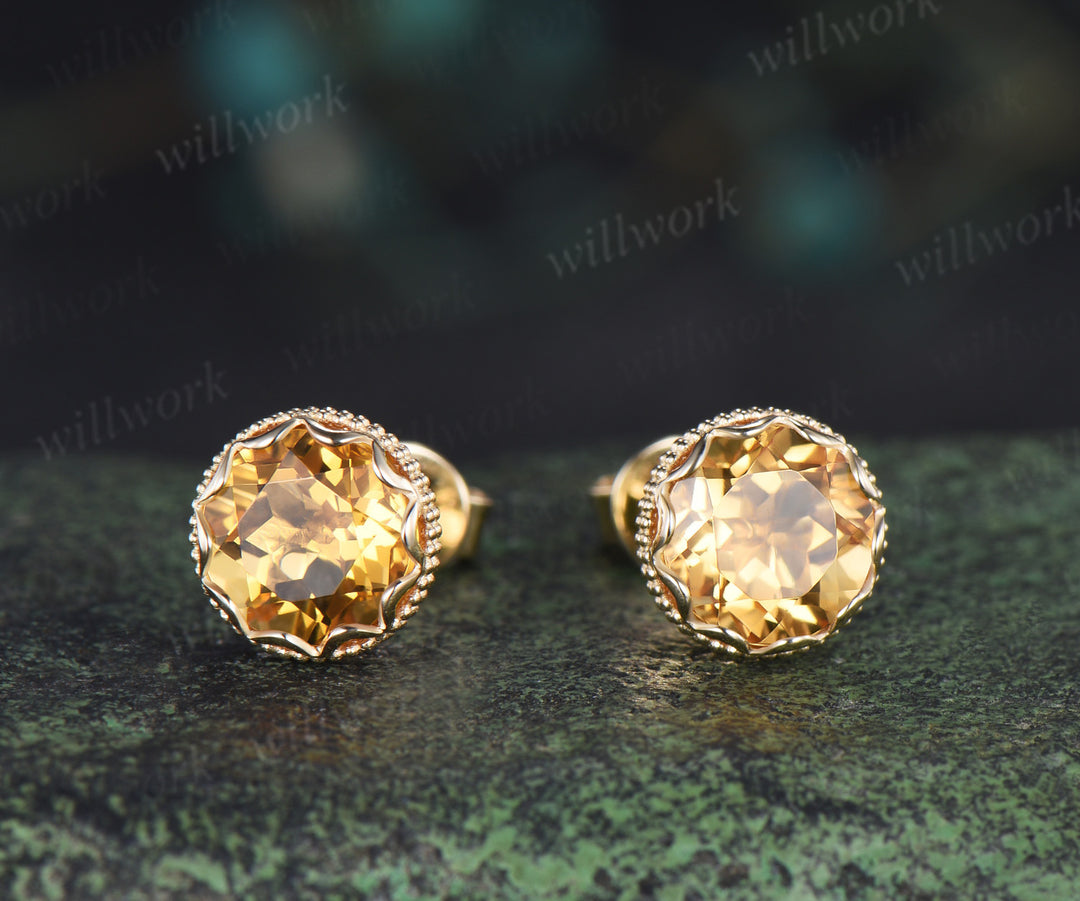 Vintage round citrine stud earrings bezel milgrain elegant earrings November jewelry gifts