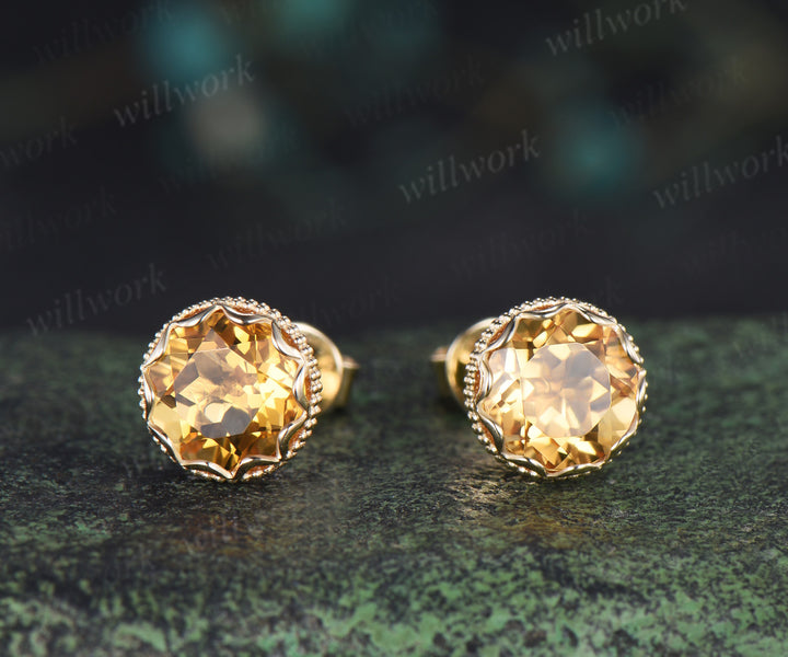 Vintage round citrine stud earrings bezel milgrain elegant earrings November jewelry gifts