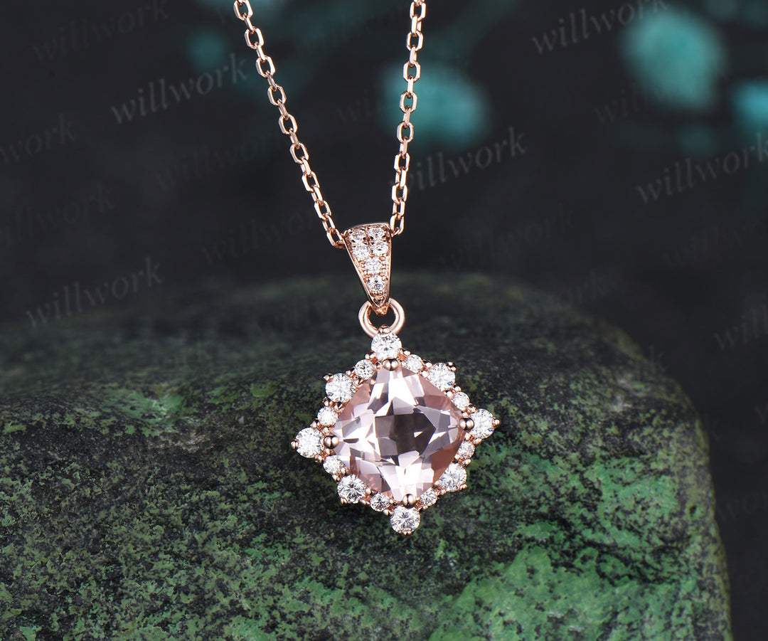 Vintage cushion cut morganite necklace unique diamond halo pendant necklace jewelry gifts