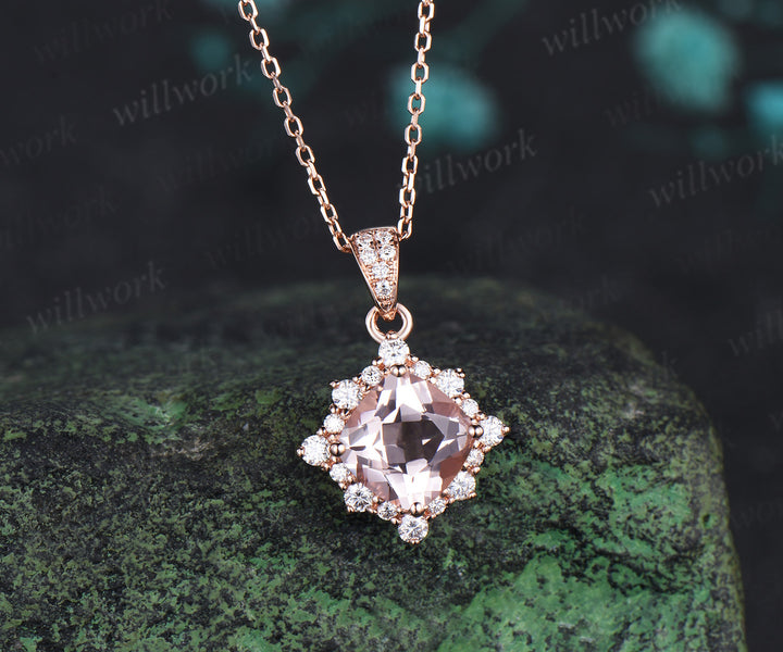 Vintage cushion cut morganite necklace unique diamond halo pendant necklace jewelry gifts