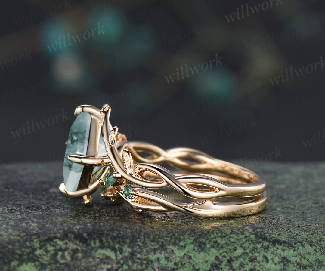 Vintage Princess cut moss agate ring set leaf marquise moss agate infinity ring branch emerald wedding band bridal set