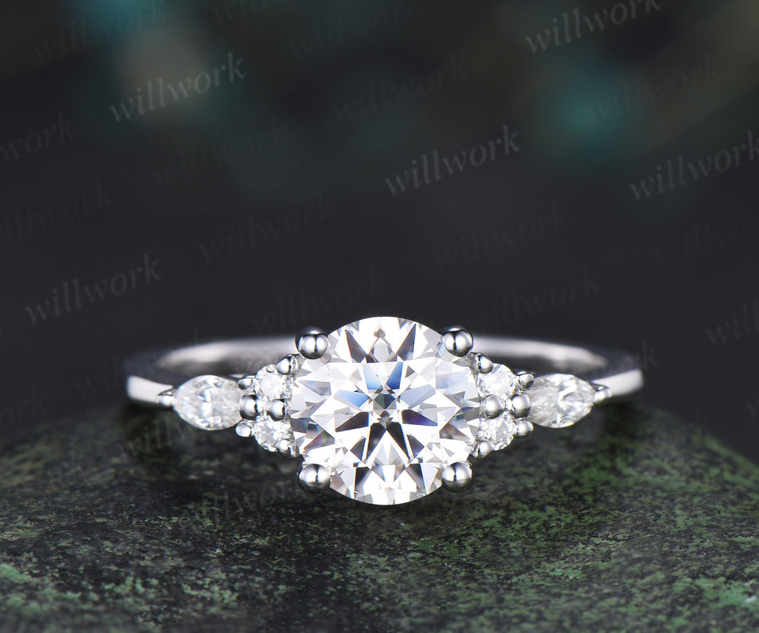 Round cut IGI Lab grown diamond engagement ring set solid 14k 18k white gold seven stone ring open gap wedding band timeless bridal set