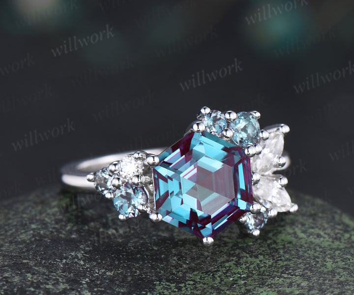 Unique hexagon cut alexandrite ring moissanite alexandrite cluster engagement ring color change gemstone jewelry gifts