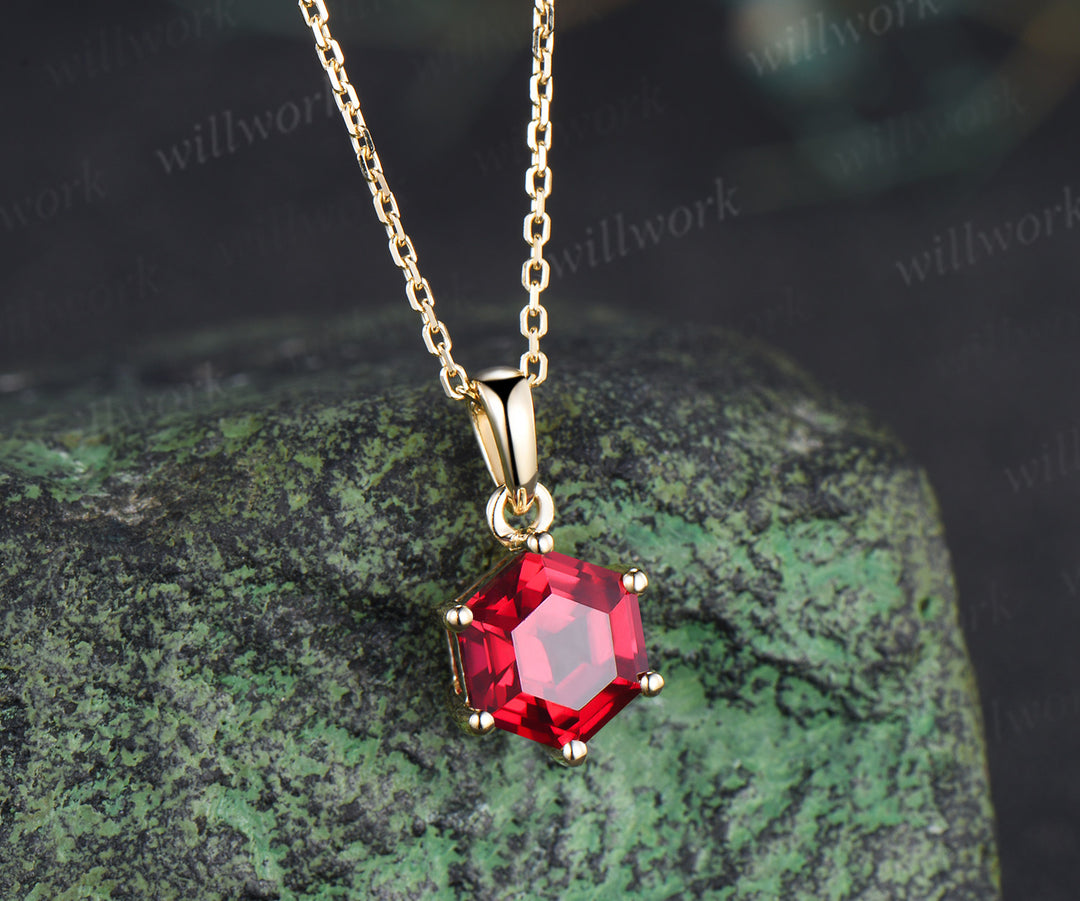 Unique hexagon ruby necklace minimalism red ruby pendant necklace July birthstone gifts for her