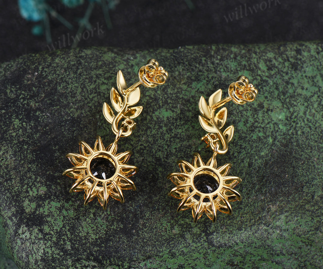 Round cut black rutilated quartz pear yellow citrine earrings unique leaf sunflower drop earrings nature inspired jewelry gifts
