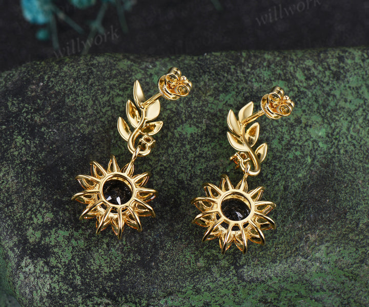 Round cut black rutilated quartz pear yellow citrine earrings unique leaf sunflower drop earrings nature inspired jewelry gifts