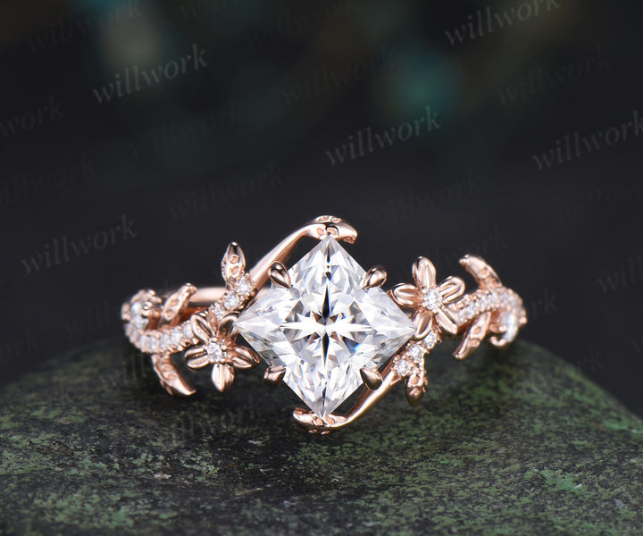 Nature inspired princess cut lab grown diamond engagement ring leaf twig floral ring diamond matching wedding band bridal set