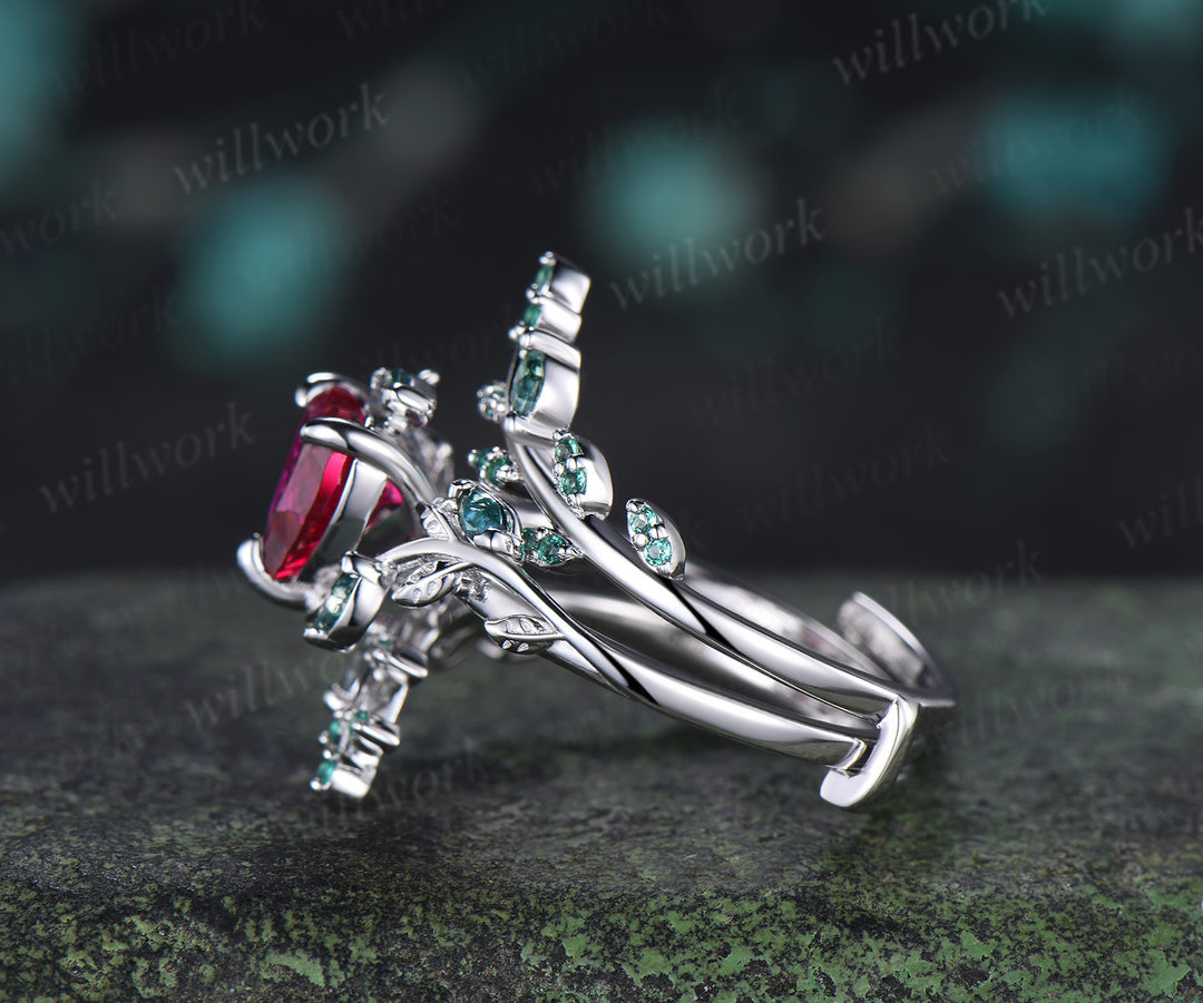 Heart Ruby Moss Agate Leaf Vine Ring Set Nature Twig Leaf Promise Ring Emerald Moss Agate Enhancer Band Unique Bridal Set