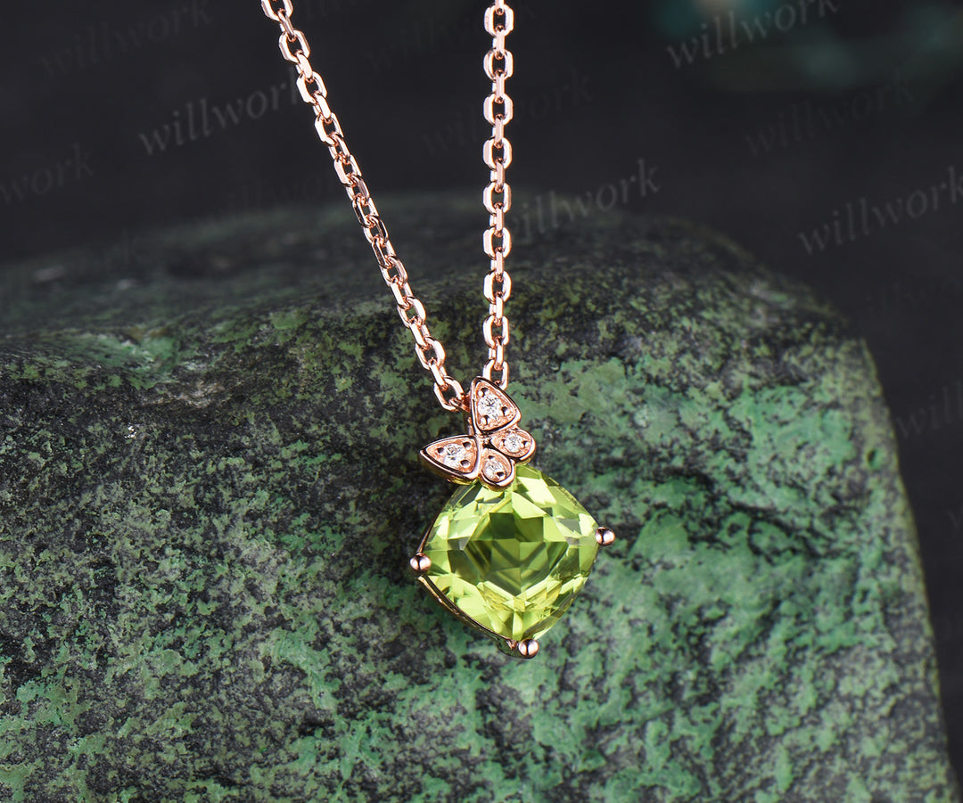 Cushion cut peridot moissanite pendant necklace unique butterfly solid 14k rose gold necklace August birthstone jewelry gifts