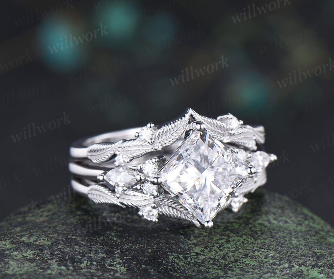 Vintage princess cut Lab grown diamond engagement ring set diamond accent leaf matching ring bridal set