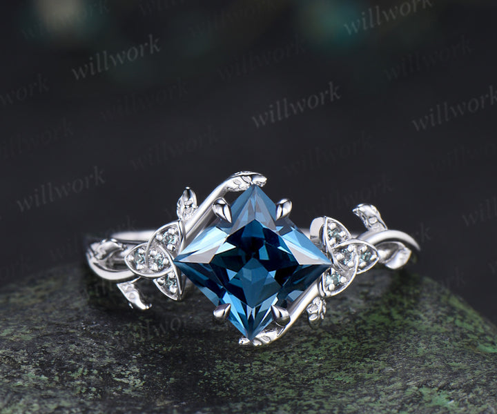 Princess cut London blue topaz engagement ring set art deco alexandrite celtic knot leaf twig ring unique bridal set