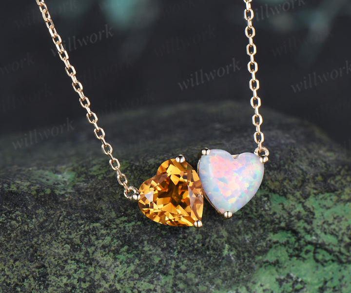 Heart Cut Citrine & Opal Toi Et Moi Necklace Minimalist Two Stones Pendant Gifts for Women