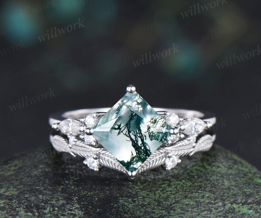 Princess cut natural moss agate engagement ring set moissanite accent leaf matching band unique bridal set