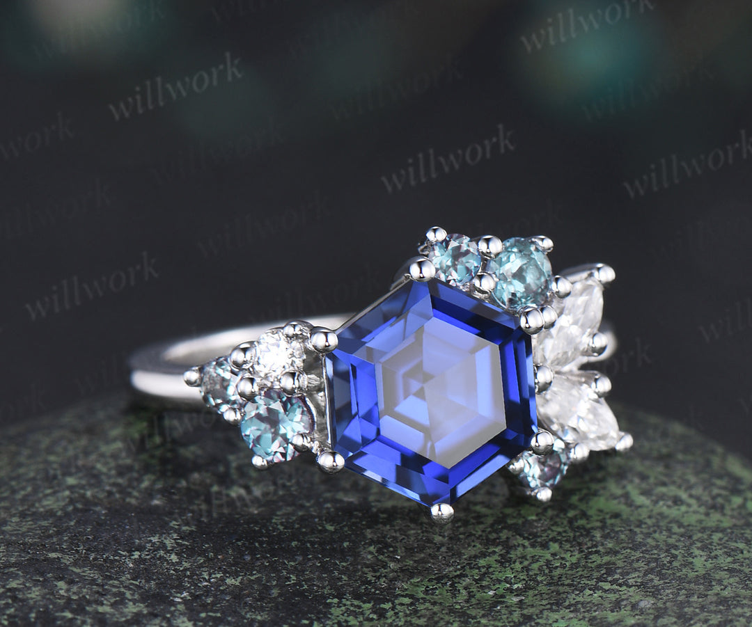Hexagon cut blue sapphire engagement ring unique cluster alexandrite marquise moissanite bridal wedding ring