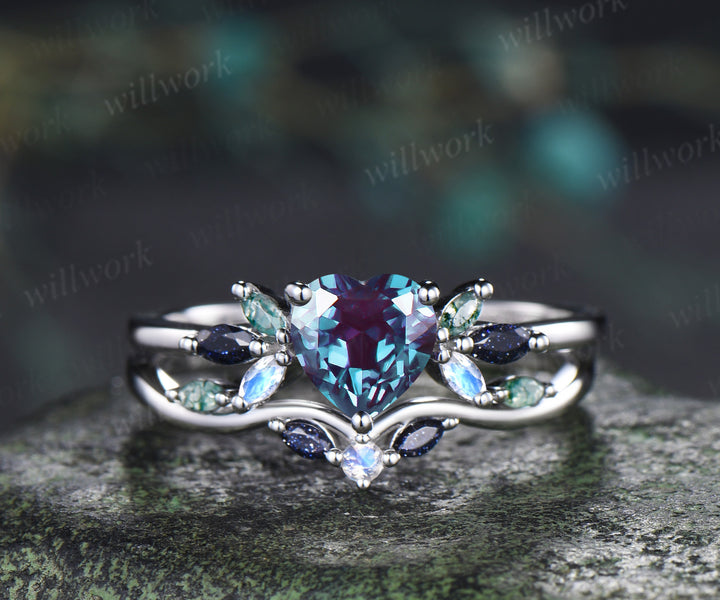 Heart shaped alexandrite ring set vintage blue sandstone moss agate moonstone cluster ring curved matching band bridal set