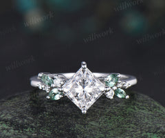 Princess cut IGI lab grown diamond ring timeless diamond white gold green sapphire cluster ring bridal ring jewelry gifts