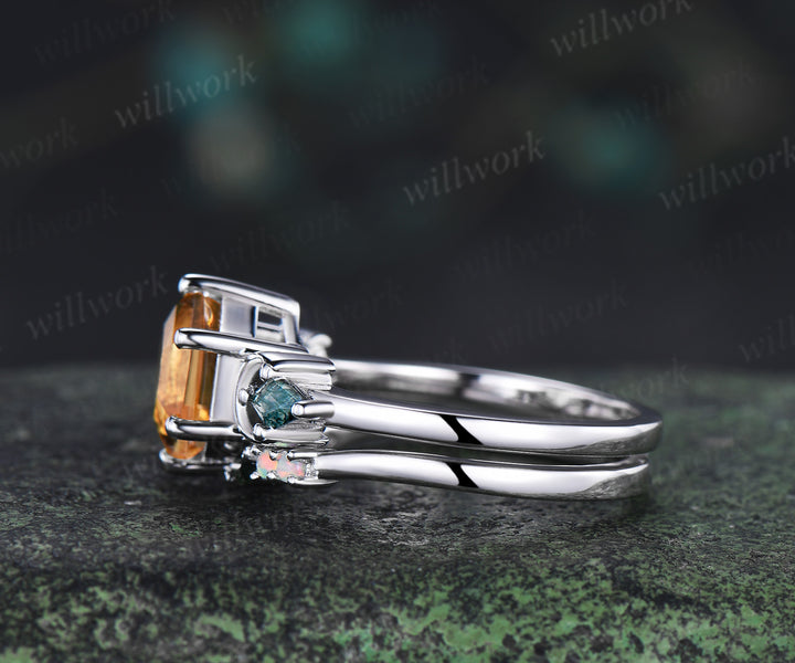 Hexagon cut moss agate engagement ring set three-stone art deco moon kite moss agate ring open gap wedding band