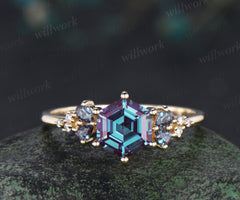 Hexagon cut alexandrite engagement ring unique pear alexandrite moissanite cluster ring solid yellow gold promise ring for women