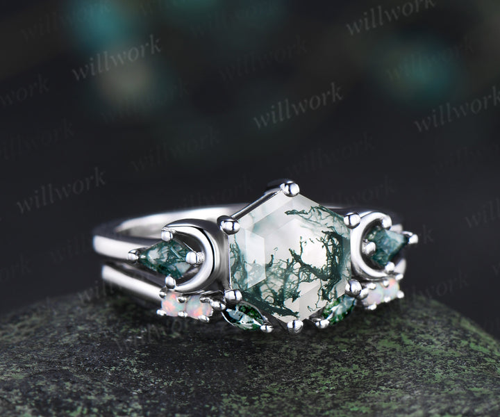 Hexagon cut moss agate engagement ring set three-stone art deco kite moss agate ring opal open gap wedding band