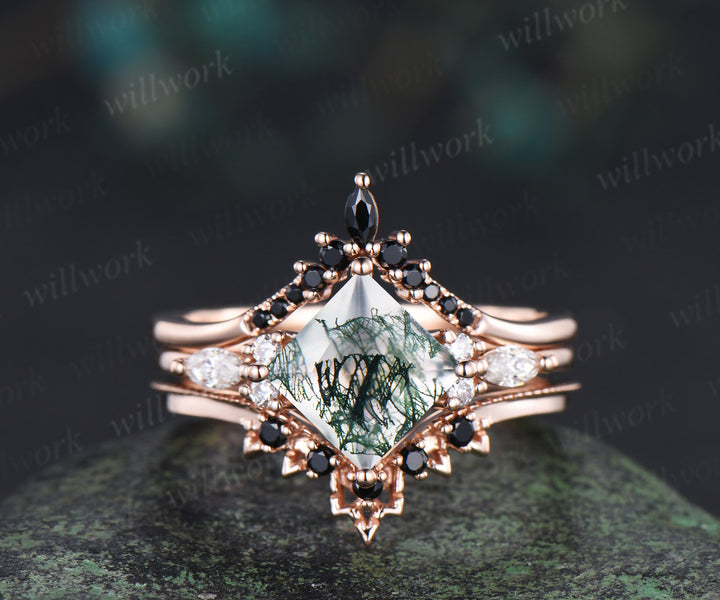 Princess cut moss agate ring set green moss agate marquise moissanite ring unique black spinel band enhancer wrap enchanting bridal set