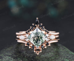 Princess cut moss agate ring set green moss agate marquise moissanite ring unique black spinel band enhancer wrap enchanting bridal set