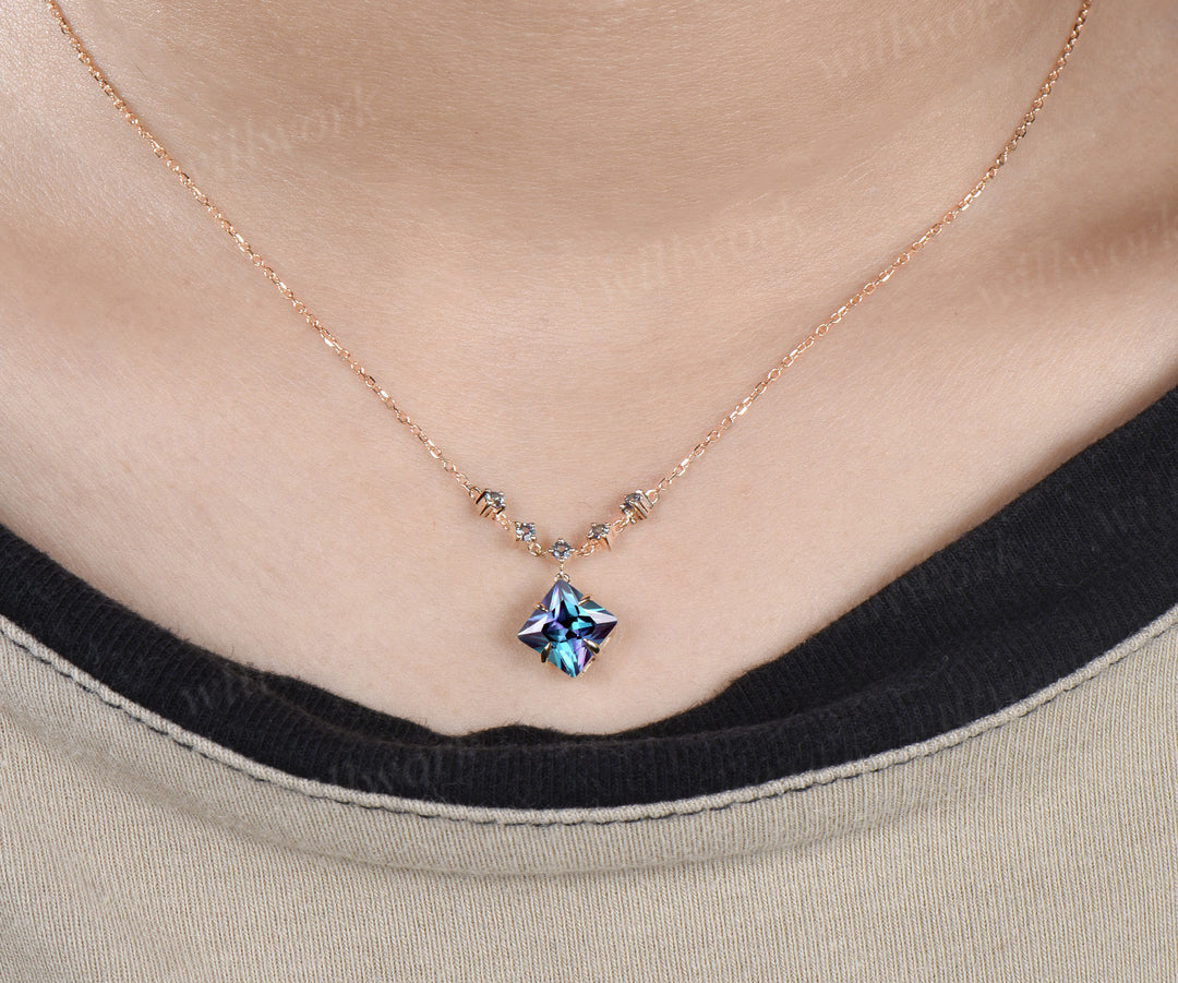 Princess cut alexandrite necklace unique color change gemstone pendant June birthstone gifts for women