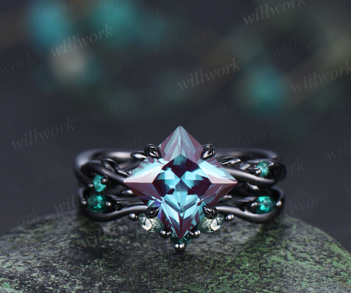Vintage Princess Cut Alexandrite Twig Leaf Ring Set& Tungsten Black Opals Gold Flakes Men’s Band Couple Ring Set