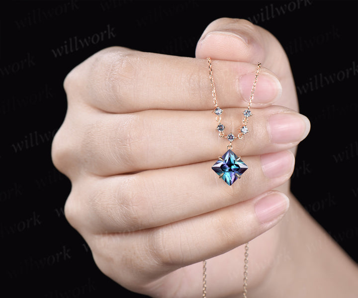 Princess cut alexandrite necklace unique color change gemstone pendant June birthstone gifts for women