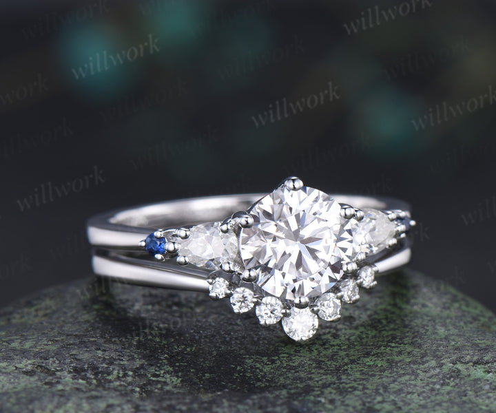 Round Cut Lab Grown Diamond Ring Set Five Stone Sapphire Accents Promise Ring Wedding Bridal Set
