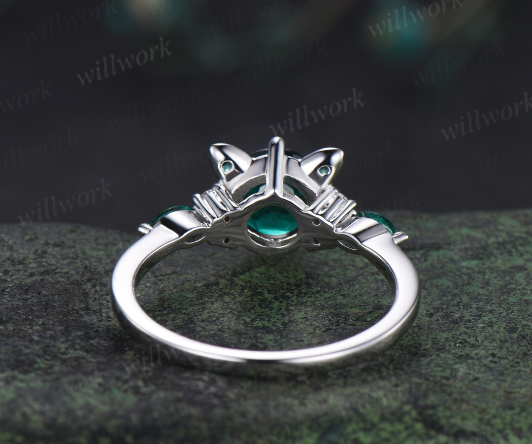 Round cut emerald engagement ring cat shaped ring lovely kitten May birthstone ring unique gifts for her