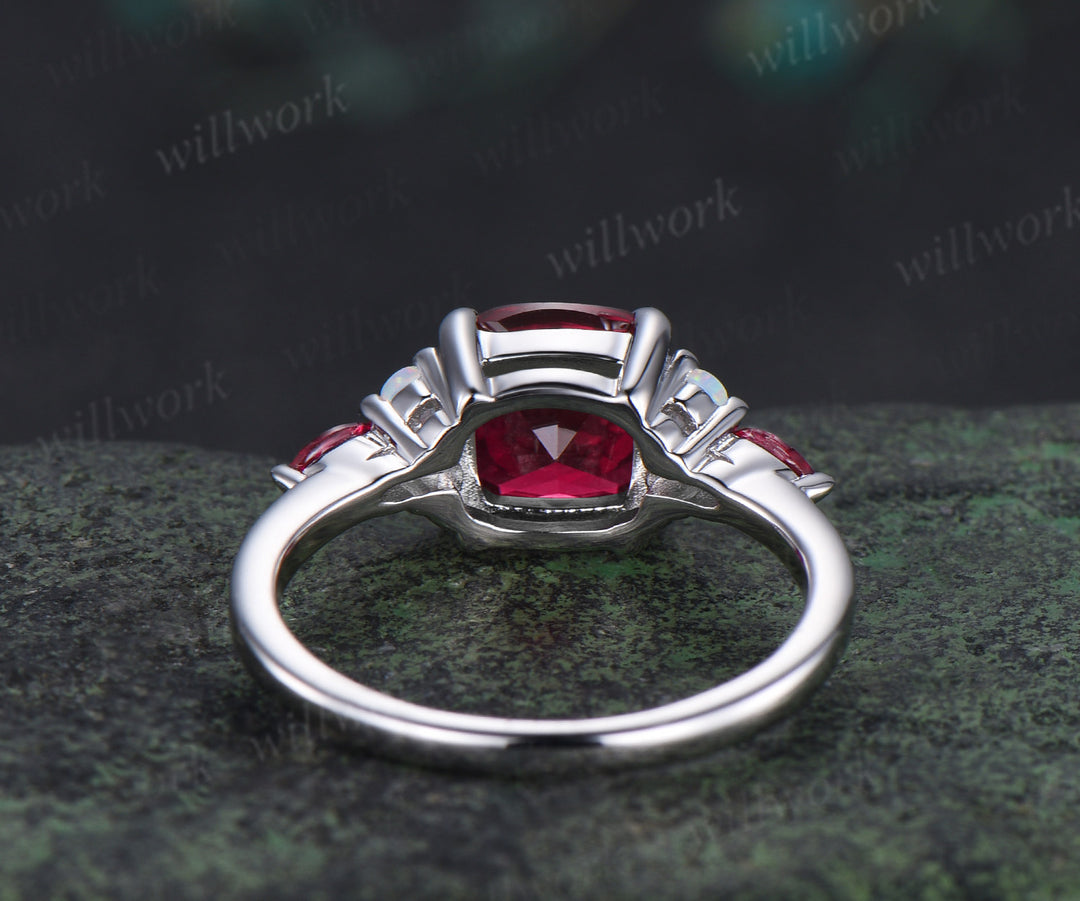 Cushion cut red ruby engagement ring 14k white gold 4 prongs seven stone ring opal marquise ruby bridal ring July birthstone jewelry gifts