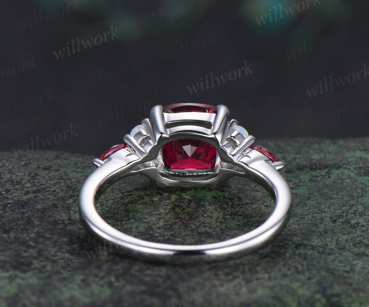 Cushion cut red ruby engagement ring 14k white gold 4 prongs seven stone ring opal marquise ruby bridal ring July birthstone jewelry gifts