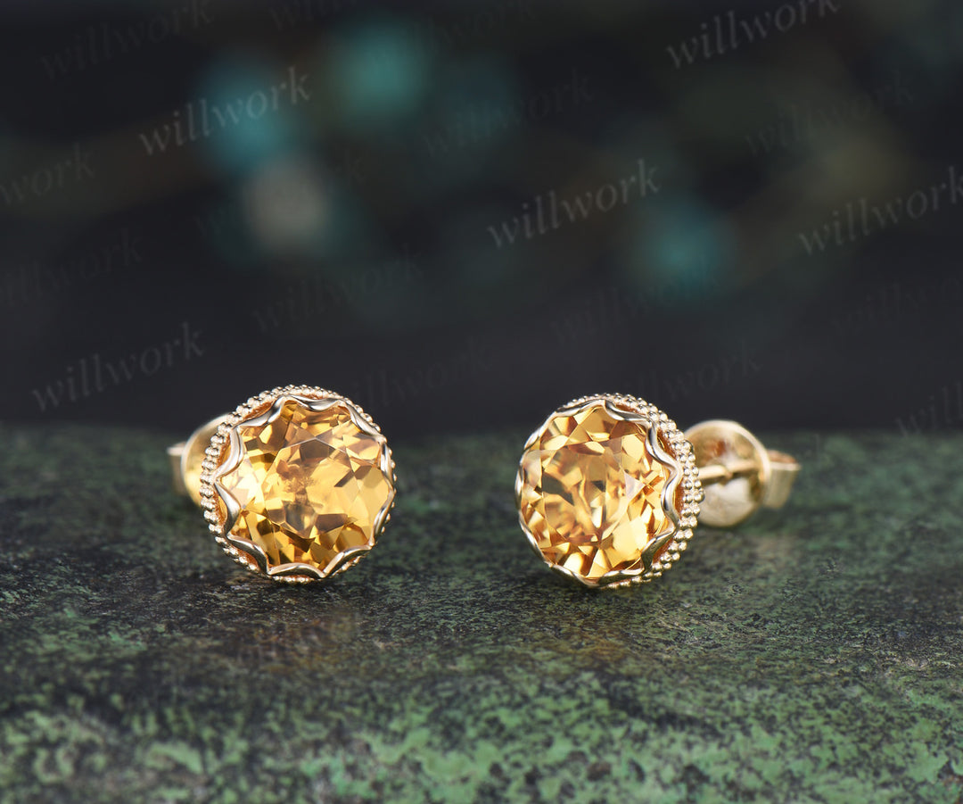 Vintage round citrine stud earrings bezel milgrain elegant earrings November jewelry gifts