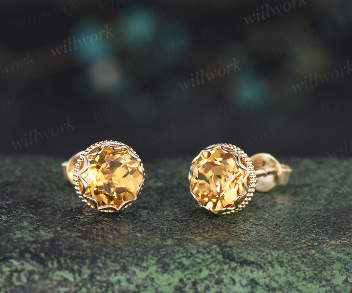 Vintage round citrine stud earrings bezel milgrain elegant earrings November jewelry gifts