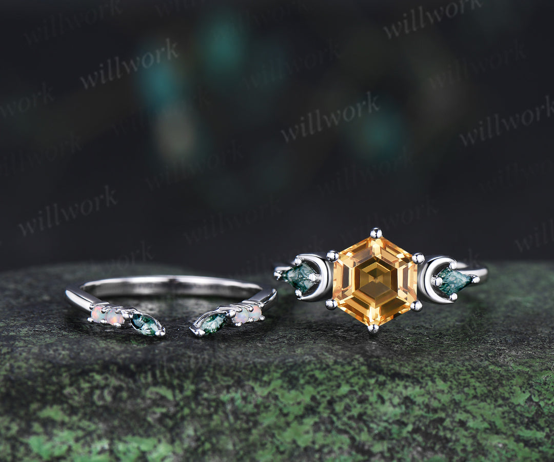 Hexagon cut moss agate engagement ring set three-stone art deco moon kite moss agate ring open gap wedding band