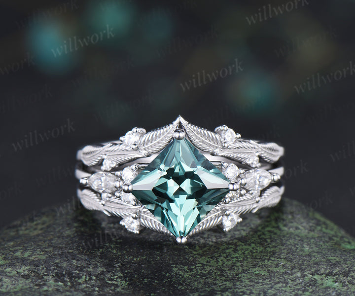 Princess cut green sapphire engagement ring set elegant bridal set moissanite accent leaf matching band