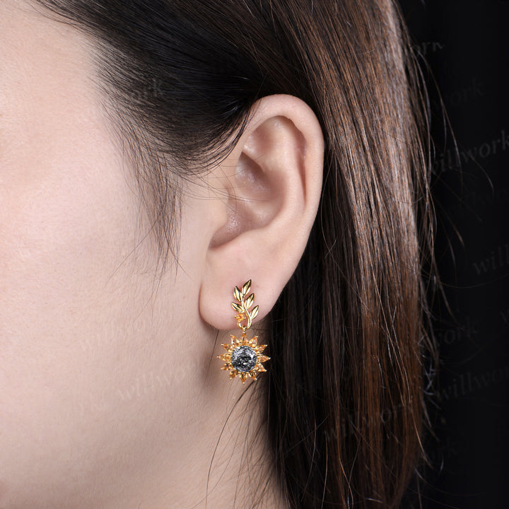 Round cut black rutilated quartz pear yellow citrine earrings unique leaf sunflower drop earrings nature inspired jewelry gifts
