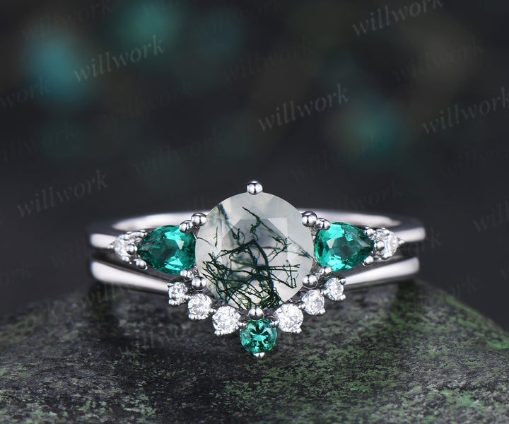 Unique round moss agate engagement ring set five stone pear emeralds moissanite accent ring curved matching band