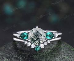 Unique round moss agate engagement ring set five stone pear emeralds moissanite accent ring curved matching band