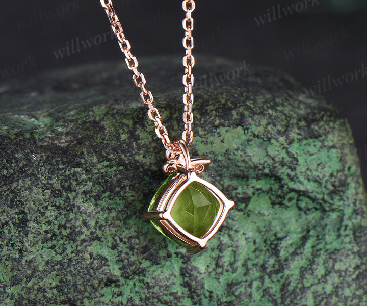 Cushion cut peridot moissanite pendant necklace unique butterfly solid 14k rose gold necklace August birthstone jewelry gifts