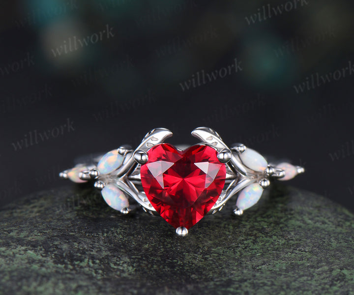 Enchanting heart shape ruby engagement ring leaf split shank cluster opal ring 14k white gold antique promise wedding ring for women