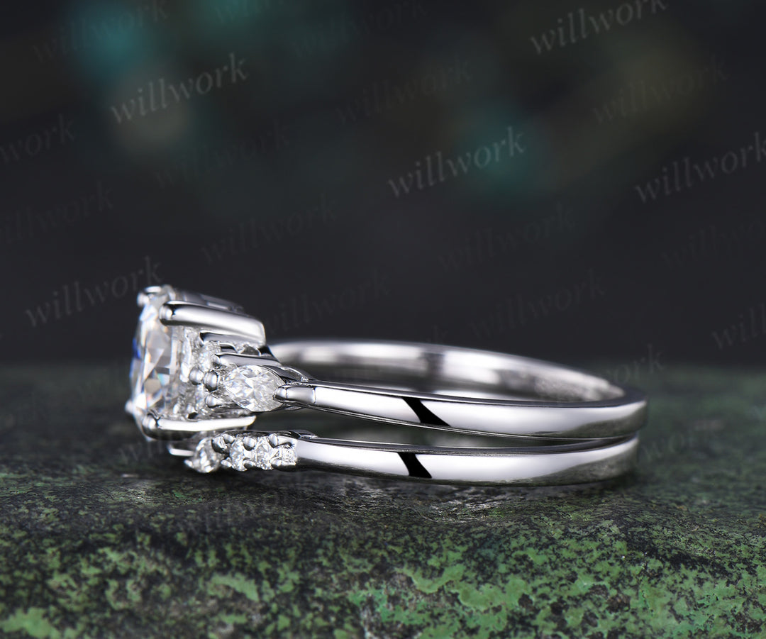 Round cut IGI Lab grown diamond engagement ring set solid 14k 18k white gold seven stone ring open gap wedding band timeless bridal set