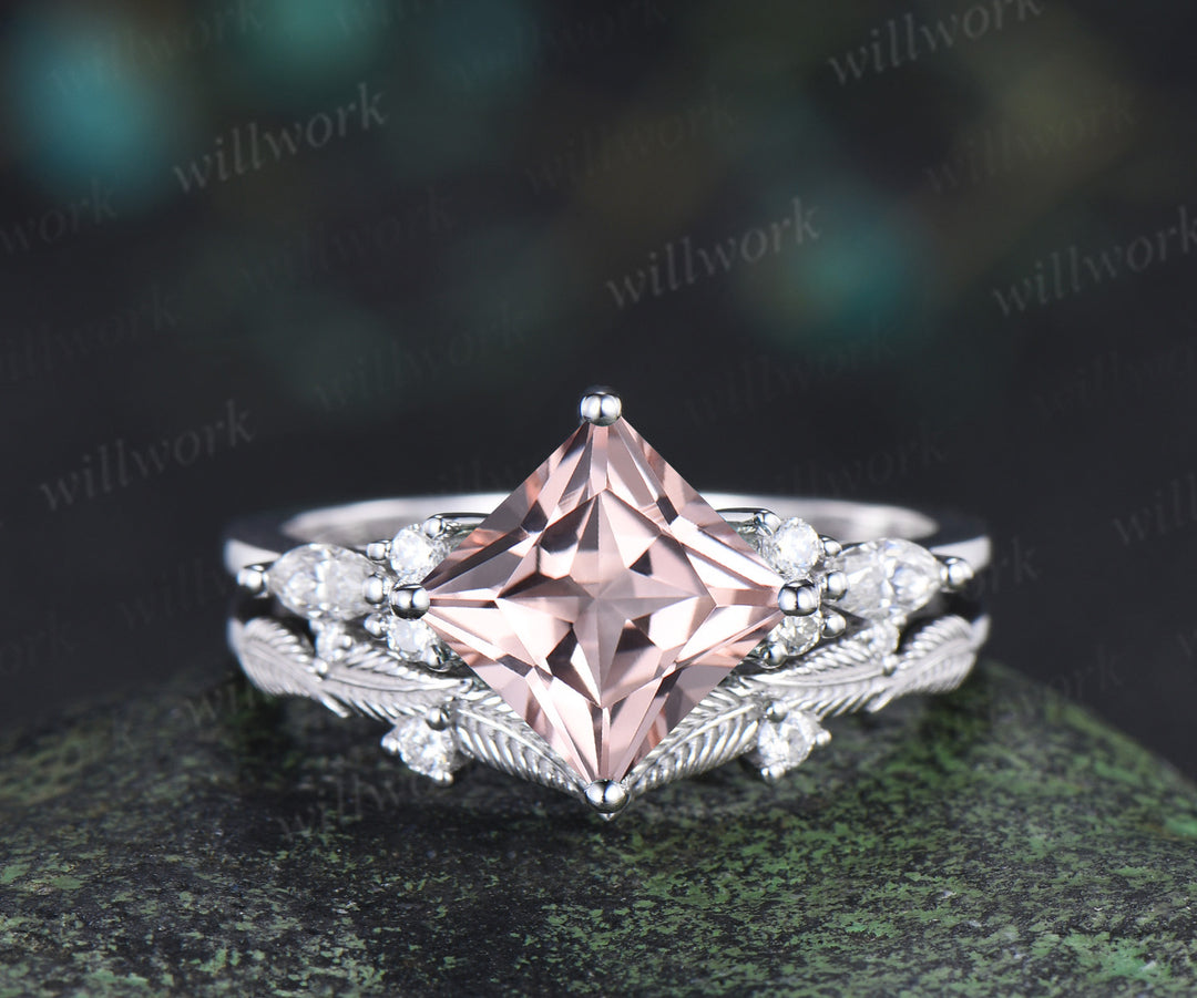 Princess cut natural morganite engagement ring set moissanite accent leaf matching band wedding bridal set