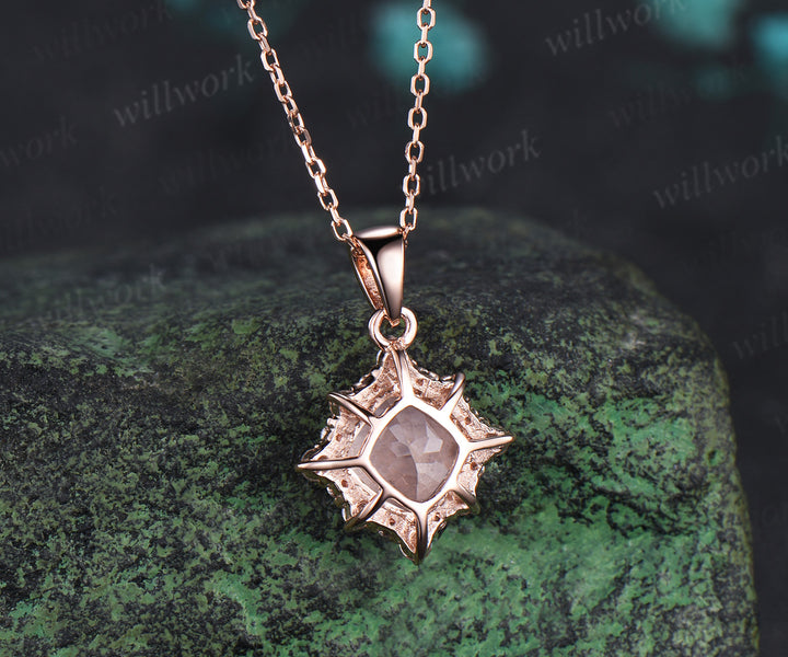 Vintage cushion cut morganite necklace unique diamond halo pendant necklace jewelry gifts
