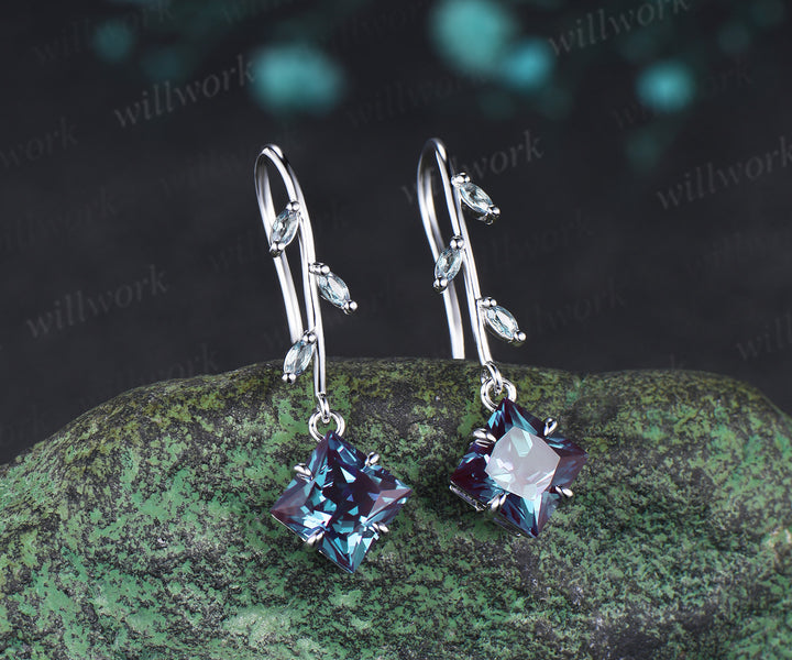 Princess alexandrite earrings marquise alexandrite accent leaf vine inspired hook drop earring