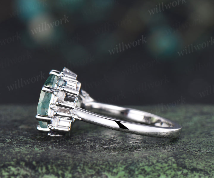 Hexagon cut natural moss agate engagement ring cluster alexandrite marquise moissanite promise wedding ring